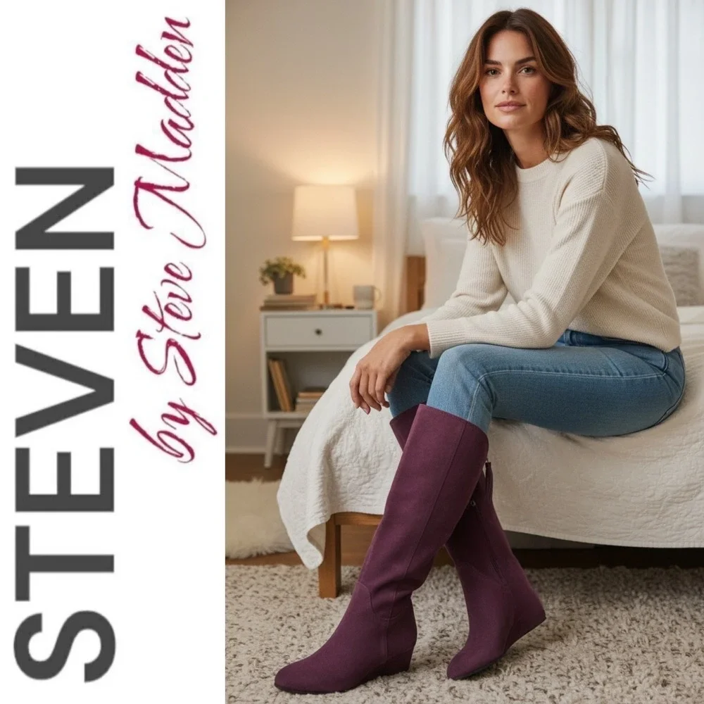 Steven‎ by Steve Madden Larken Burgundy Wine Suede Tall Wedge Boots Boho 7
